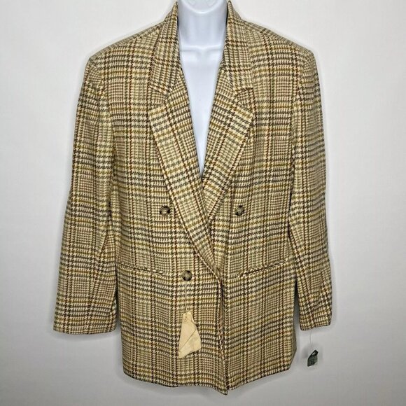 Vintage 80s La Redoute Ivory Houndstooth Wool Double Breasted Blazer